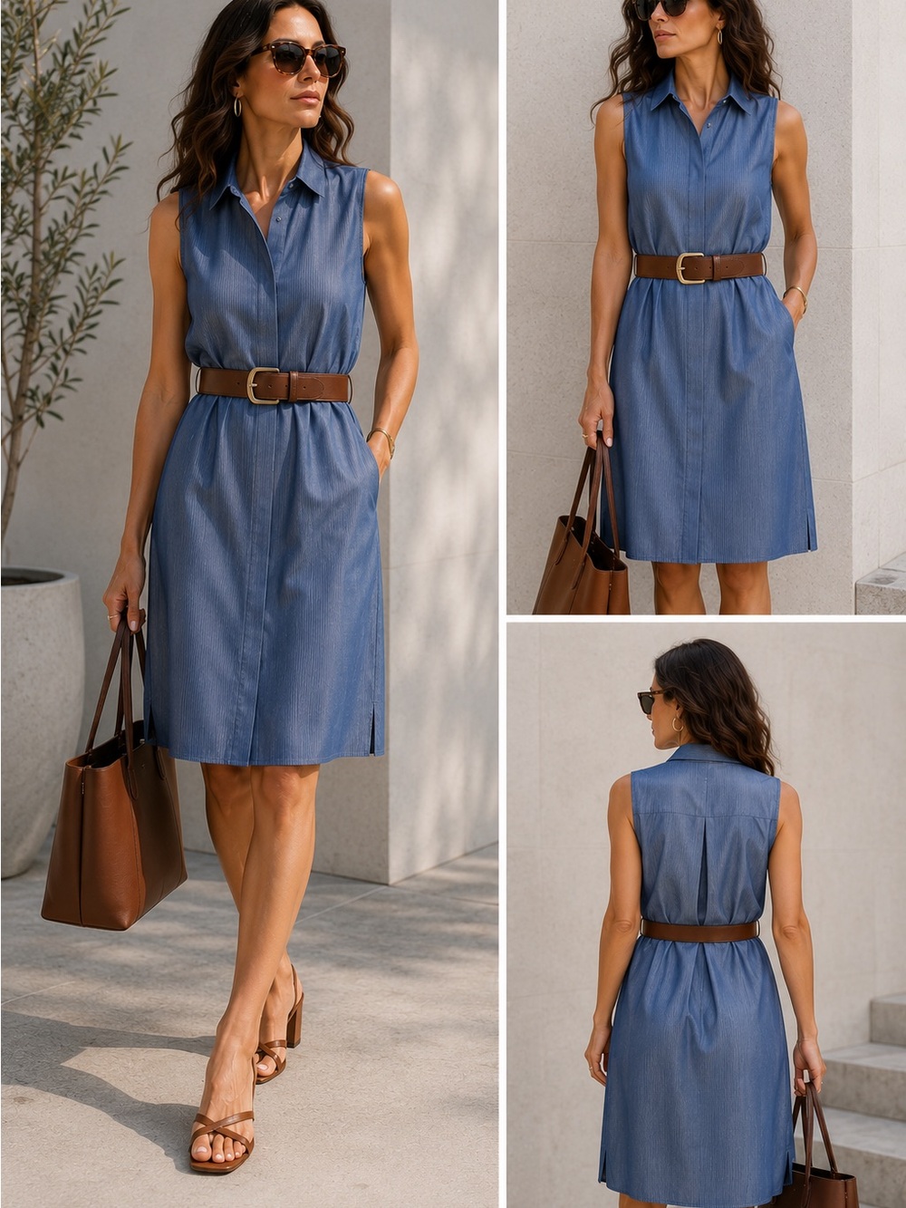 Sharagano Blue 100% Lyocell Pinstripe‎ Sleeveless Shirt Dress Sz 6